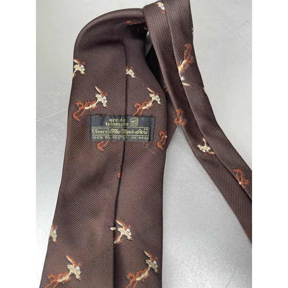 Vintage Warner Bros Studio Necktie Wylie Coyote Cartoon 70s Brown